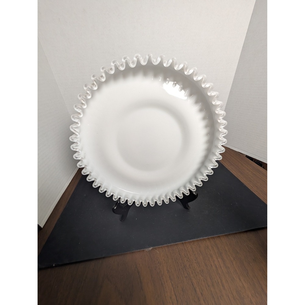 Vintage Fenton Silver Crest White Milk Glass Bowl Clear Ruffle Edge